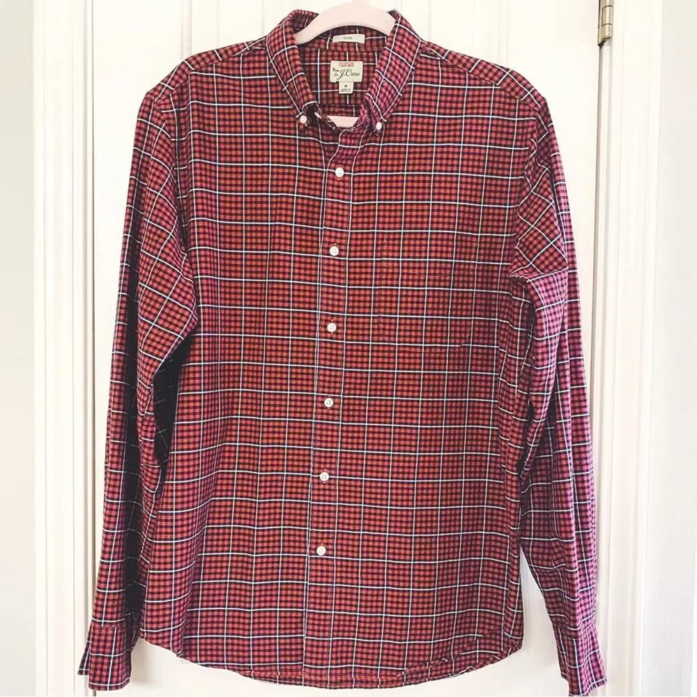 J. CREW • Orange + Navy Gingham Slim All Cotton Oxford Button Down Shirt
